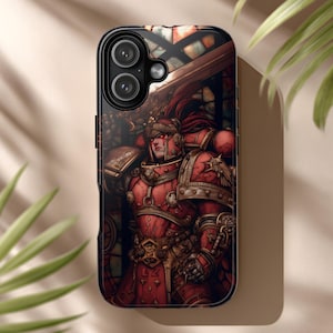 May include: A black phone case featuring a detailed illustration of a warrior in red armor. The artwork has a stained-glass window effect in the background. The case is designed for a smartphone and has a glossy finish.