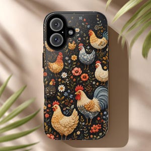 May include: A black smartphone case featuring a repeating pattern of various chickens and roosters interspersed with colorful wildflowers, including red poppies and white daisies, across the entire surface of the back of the device.