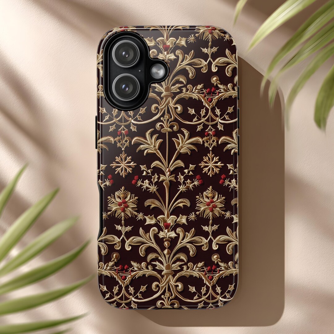 Damask Phone Case Gold Filigree Brown Red Berries Elegant Festive ...