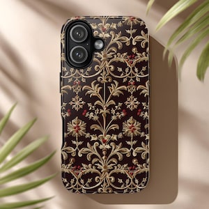 Damask Phone Case Gold Filigree Brown Red Berries Elegant Festive Baroque Pattern for iPhone & Android