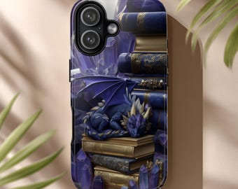 May include: A phone case featuring a graphic illustration of a small blue dragon sleeping atop a stack of antique books. The design includes deep purple crystals surrounding the books, with gold accents on the book spines and dragon scales.