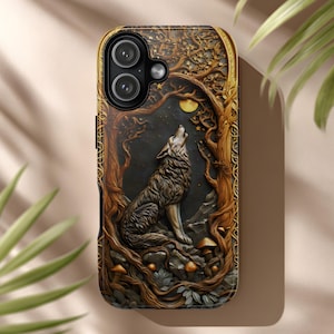 Howling Wolf Phone Case Bas Relief Carved Wood Celtic Moonlit Forest Frame Design for iPhone & Android