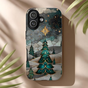 May include: A phone case featuring a Christmas tree design. The case has a teal and gold Christmas tree with a gold star on top, set against a backdrop of a starry night sky and snow-covered hills. The case is designed to fit a smartphone.