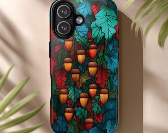 Stained Glass Oak Leaves Phone Case, Autumn Acorns Glow for iPhone & Android