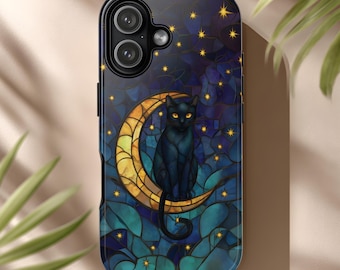 Stained Glass Phone Case Black Cat Moon Celestial Night Blue and Gold Glowing Stars for iPhone & Android