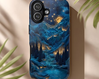 Wood Carved Phone Case Mountain Moonlit River Night Pines and Starry Sky Golden Moon for iPhone & Android