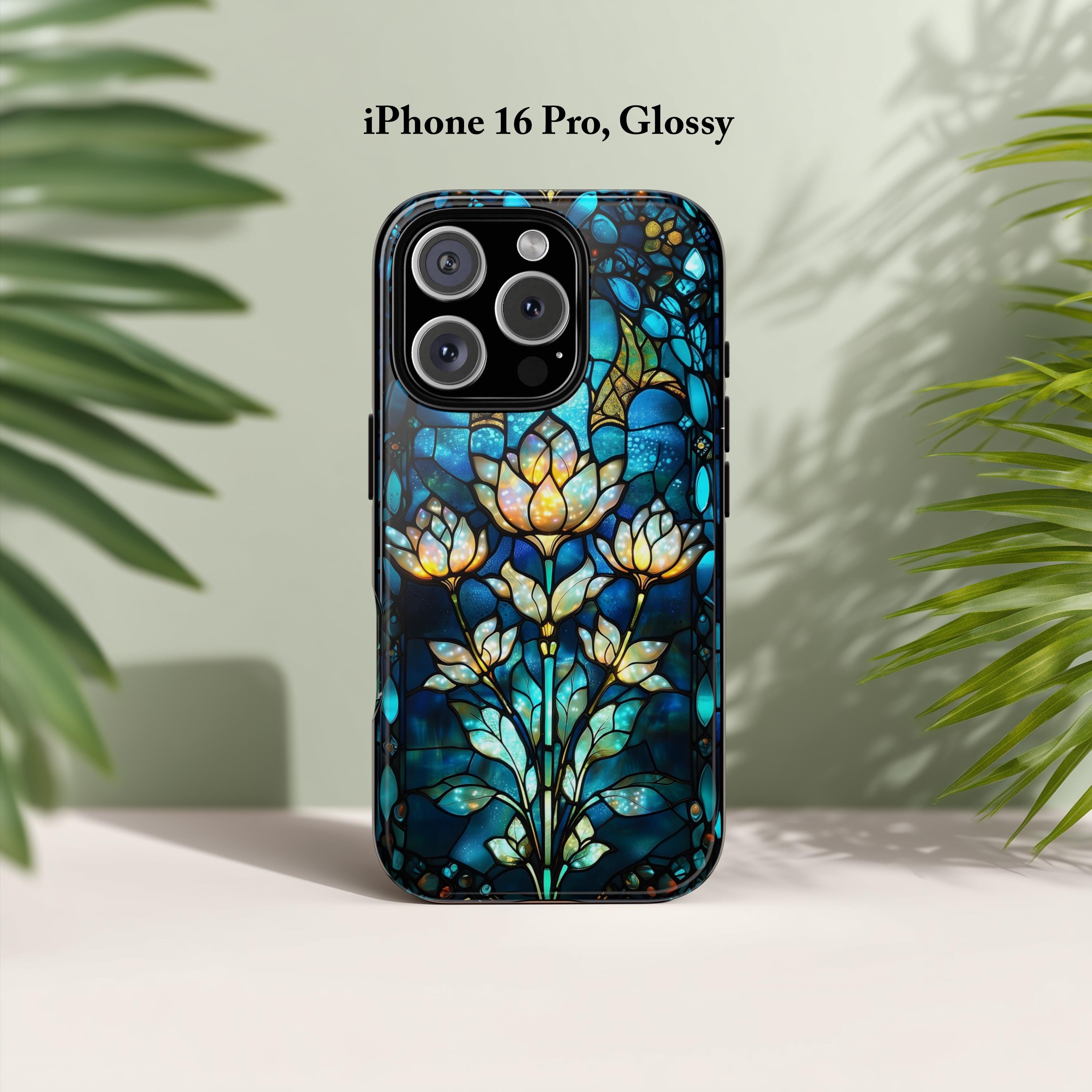 【専用】iPhoneケース Stained Glass Phone Case Luminous Lotus Flowers in Teal Blue