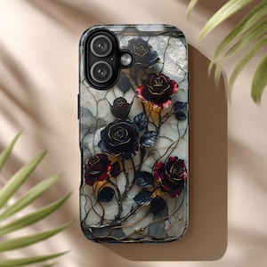 May include: A rectangular phone case featuring a marble-like white and gray background with a detailed design of dark black and deep red roses. The floral pattern includes thin, winding stems and dark leaves, with a dual camera cutout at the top left.