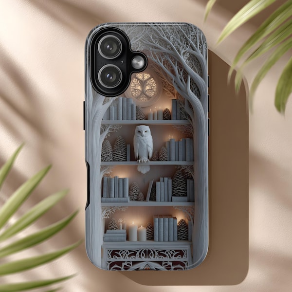 White Owl Phone Case Enchanted Bookshelf Carved Tree Library with Candle Glow for iPhone & Android