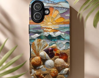 Seashell Sunset Phone Case, Stained Glass Beach Glow for iPhone & Android