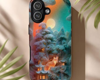 Kitsune Fox Phone Case , Lanterns Snowy Pines and Moonlit Mountain Sky for iPhone & Android
