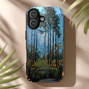 May include: A phone case featuring a mosaic art design of a forest scene. The artwork depicts tall trees with a blue sky background, a path, and yellow flowers. The case has a black border and a camera cutout.