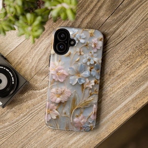 Pastel Floral Phone Case, Gilded Gold Flowers, Delicate Blossom Cover