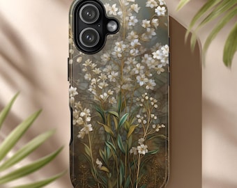 Stained Glass Phone Case Wildflower White Bouquet Gold Accents Mosaic Glow for iPhone & Android