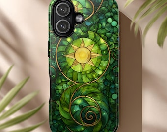 Emerald Stained Glass Tough Phone Case, Green Art Nouveau Sunburst Cover