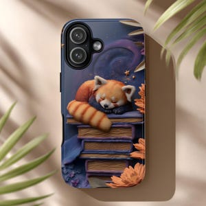 Red Panda Felted Art Phone Case, cozy bookstack under starry blue sky for iPhone & Android