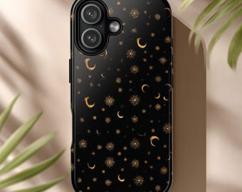 Moon And Stars Phone Case Black Gold Celestial  Night Sky Sunburst Pattern for iPhone & Android