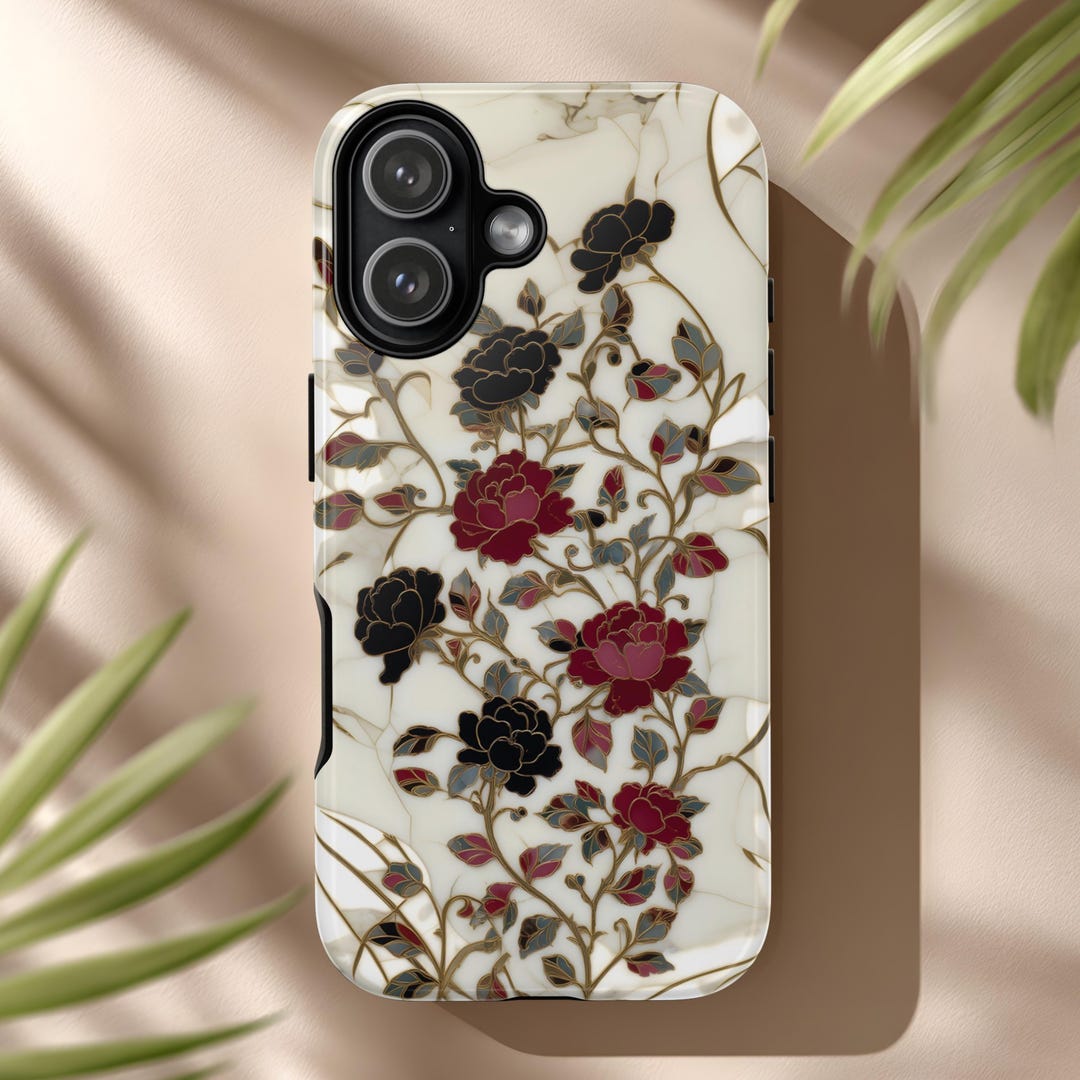 Gold Outline Red and Black Roses Phone Case White Marble Art Nouveau ...
