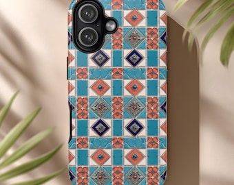 Tough Phone Case Aqua Tile Mosaic With Coral Diamonds Navy Medallions And Ivory Ornate Geometry for iPhone & Android