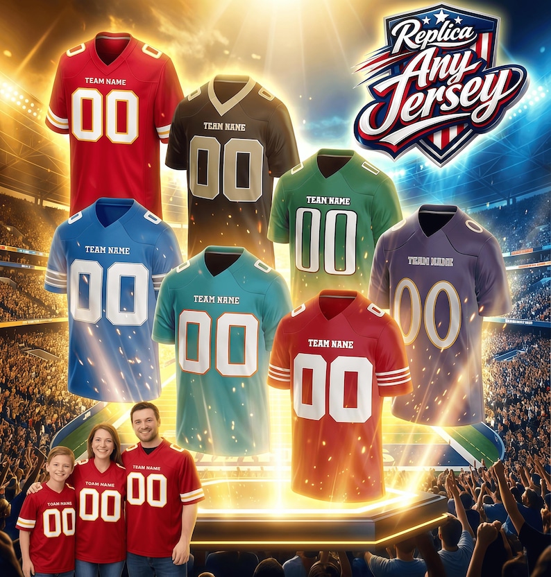 Puede incluir: Una colecci&oacute;n de camisetas de f&uacute;tbol americano en varios colores, incluyendo rojo, negro, azul, verde, turquesa y morado. Cada camiseta muestra el n&uacute;mero "00" y espacio para un nombre de equipo. La imagen incluye el texto "Replica Any Jersey".
