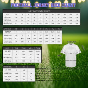 Puede incluir: Tabla de tallas de camisetas de f&uacute;tbol con medidas para hombre, mujer, ni&ntilde;o y preescolar. Incluye pecho, cadera y largo en pulgadas. Se muestra una camiseta blanca como referencia.