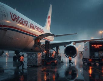 以下が含まれることがあります： 「URGENT AIR FREIGHT」の文字が入った貨物機が雨の中で積み込み作業を行っています。オレンジ色のベストを着た作業員がフォークリフトを使って、トラックに箱を積み込んでいます。空港でのシーンです。