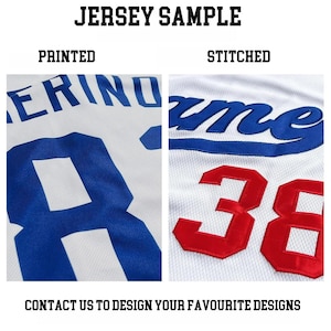 Puede incluir: Imagen dividida que muestra ejemplos de camisetas. El lado izquierdo muestra una camiseta estampada con letras azules y un gran n&uacute;mero 8 azul. El lado derecho muestra una camiseta cosida con letras azules y el n&uacute;mero 38 rojo. El texto "Jersey Sample" y "Cont&aacute;ctenos para dise&ntilde;ar sus dise&ntilde;os favoritos" son visibles.