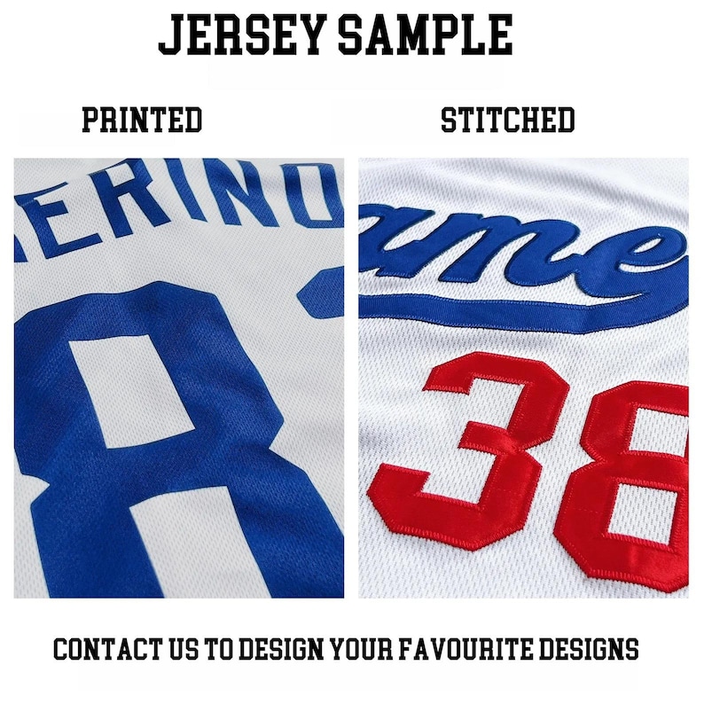 Puede incluir: Imagen dividida que muestra ejemplos de camisetas. El lado izquierdo muestra una camiseta estampada con letras azules y un gran n&uacute;mero 8 azul. El lado derecho muestra una camiseta cosida con letras azules y el n&uacute;mero 38 rojo. El texto "Jersey Sample" y "Cont&aacute;ctenos para dise&ntilde;ar sus dise&ntilde;os favoritos" son visibles.