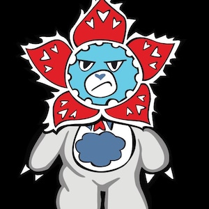 May include: A cartoon illustration of a Demogorgon-inspired character. The figure has a blue face with an angry expression, surrounded by a red and white flower-like head. The body is gray with a blue cloud-shaped detail on the chest, set against a black background.