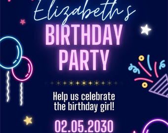 Invito di compleanno al neon modificabile / Invito per feste stampabile / Modello digitale Canva / Download immediato