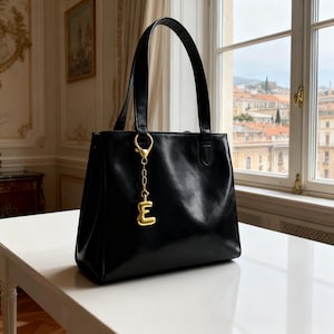 Puede incluir: Un bolso tote de cuero negro con un charm dorado con forma de la letra "E". El bolso tiene dos asas y forma rectangular. El bolso está sobre una mesa blanca.