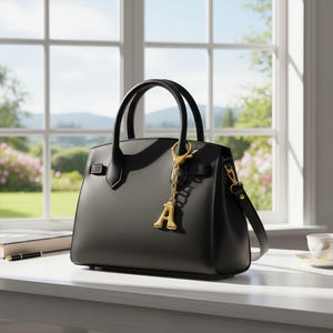 Pode incluir: Uma mala de mão de couro preta com um berloque 'A' dourado pendurado na alça. A mala tem um design estruturado com alças superiores e uma alça de ombro removível. O fundo apresenta uma janela com vista para um jardim.