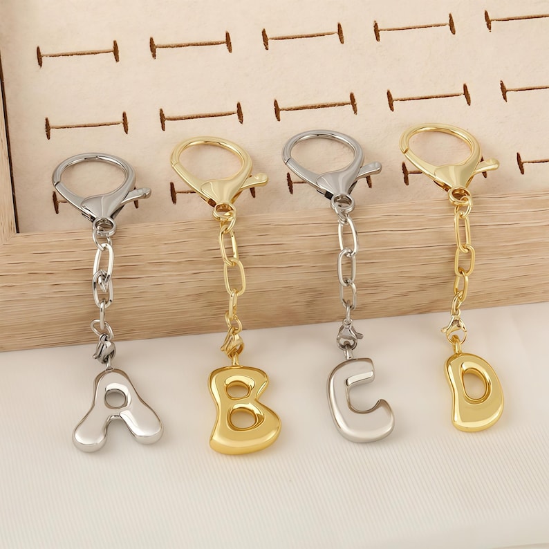 Personalized Initial Keychain: 18k Gold Plated Trendy Bubble Letter Bag ...
