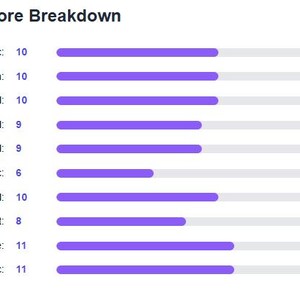 May include: A detailed score breakdown chart with ten categories, each represented by a purple progress bar and a numerical score. The text includes categories like Linguistic, Logic-Math, and Creative, with skill level indicators.