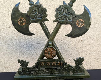 Hand-Carved Jade Twin Axe Sculpture – Asian Inspired Decorative Art
