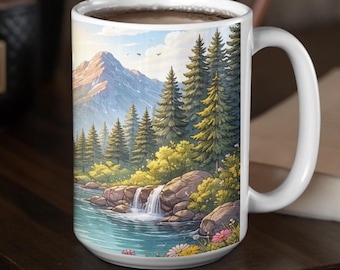 Mountain Landscape Coffee Mug | Nature Scenic Mug | Aesthetic Mountain Art Cup | Forest River Mug | Gift for Nature Lovers