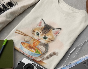 Cute Ramen Cat T-Shirt, Funny Cat Eating Noodles Shirt, Kawaii Cat Lover Tee, Foodie Cat Graphic Shirt, Cute Animal Gift for Cat Lovers