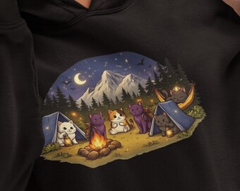 Cute Cat Camping Hoodie, Cozy Cat Sweatshirt, Aesthetic Cat Lover Gift, Kawaii Cats Campfire Hoodie, Night Nature Animal Hoodie