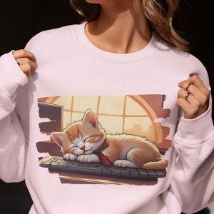 Sleeping Kitten Sweatshirt – Cute Cat Lover Crewneck, Cozy Work From Home Cat Pullover, Aesthetic Kitty Sweater, Cat Mom Gift, Pet Lovers