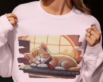 Sleeping Kitten Sweatshirt – Cute Cat Lover Crewneck, Cozy Work From Home Cat Pullover, Aesthetic Kitty Sweater, Cat Mom Gift, Pet Lovers