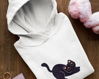Cute Black Cat Hoodie, Minimalist Cat Lover Hoodie, Kawaii Black Cat Sweatshirt, Cat Mom Gift, Cozy Cute Cat Graphic Pullover