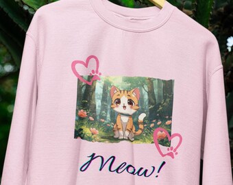 Kawaii Cat Sweatshirt – Cute Meow Aesthetic Pullover, Cat Lover Gift for Her, Anime Style Kitten Sweater, Cozy Cat Mom Crewneck