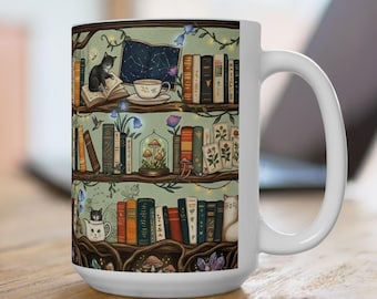 Fantasy Cat Mug, Book Lover Cat Mug, Cute Cats Books Floral Mug, Cozy Aesthetic Coffee Mug, Cat Lover Gift, Cottagecore Mug, Pet Lover