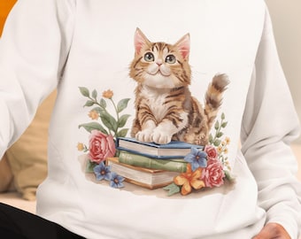 Cute Cat Sweatshirt, Book Lover Cat Crewneck, Aesthetic Kitten Sweater, Floral Cat Sweatshirt, Cat Lover Gift, Cottagecore Sweatshirt