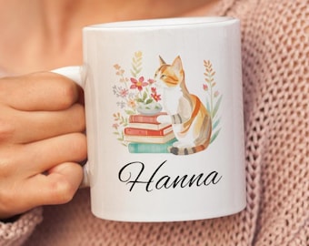 Personalized Cat Mug with Name, Custom Cat Lover Gift, Cute Reading Cat Mug, Book Lover Gift, Floral Cat Coffee Mug, Gift for Her, Pet Lover