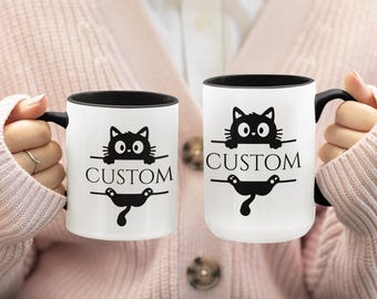 Personalized Cat Mug with Name, Custom Funny Cat Coffee Mug, Cute Black Cat Mug, Cat Lover Gift, Custom Name Mug, Gift for Her Him, Pet Love