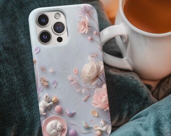 Cute Cat Floral Phone Case, Aesthetic Pastel iPhone Case, Coquette Cat Case, Kawaii Cat Cover, Soft Girl Cute Phone Case, Girly Gift