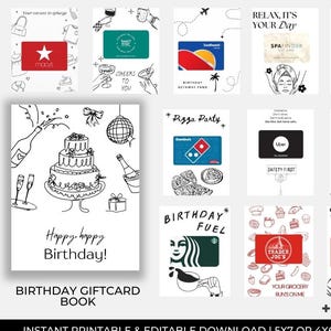 Puede incluir: Un libro de tarjetas de regalo de cumpleaños imprimible en blanco y negro con varios diseños de tarjetas de regalo, incluyendo Macy's, Amazon y Starbucks. La portada dice "Happy, happy Birthday!" y "Birthday Giftcard Book."