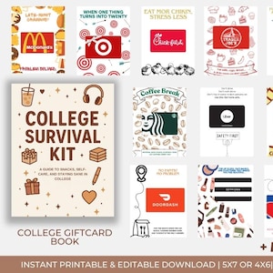 May include: A college gift card book with various gift card designs, including McDonald's, Target, Chick-fil-A, Trader Joe's, Amazon, Starbucks, Uber, Cinemark, DoorDash, Sephora, and Southwest. The book is titled "College Survival Kit".