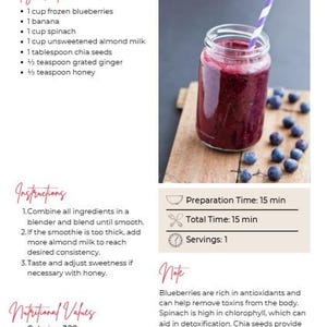 K&ouml;nnte beinhalten: Ein Rezept f&uuml;r einen Blaubeer-Smoothie mit Zutaten, Anleitung und N&auml;hrwerten. Der Smoothie befindet sich in einem Glas mit einem gestreiften Strohhalm, umgeben von Blaubeeren. Der Text enth&auml;lt die Zubereitungs- und Gesamtzeit von 15 Minuten.
